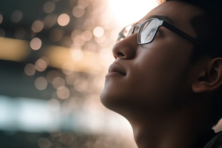 Young asian man with eyeglasses looking away against bokeh backgroundの素材