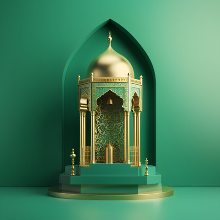3d rendering of a mosque with golden arabic ornament on a green backgroundの素材