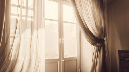 interior of a room with a window and curtains in sepiaの素材