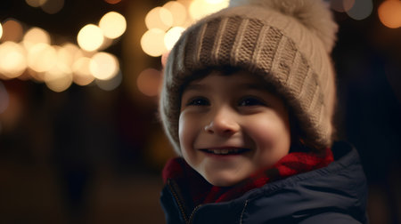 Portrait of cute little boy on christmas market, shallow depth of fieldの素材