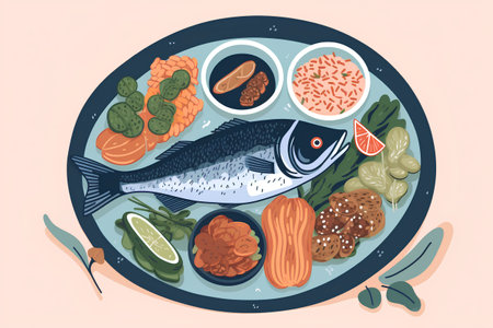 Seafood, fish, seaweed, soy sauce, kimchi, ginger, cucumber, lemon, avocado, sesame seeds on a plate. Vector illustration.の素材