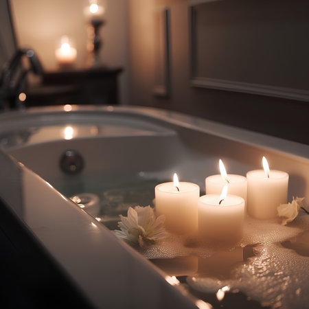 Bathtub with candles and flowers on blurred background. Selective focus.の素材