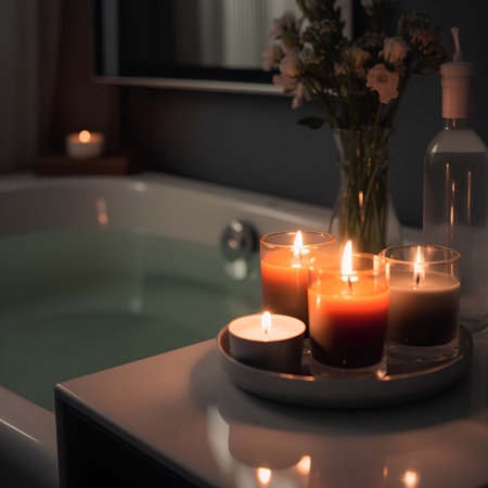 Burning candles on a bathtub with flowers in the background.の素材
