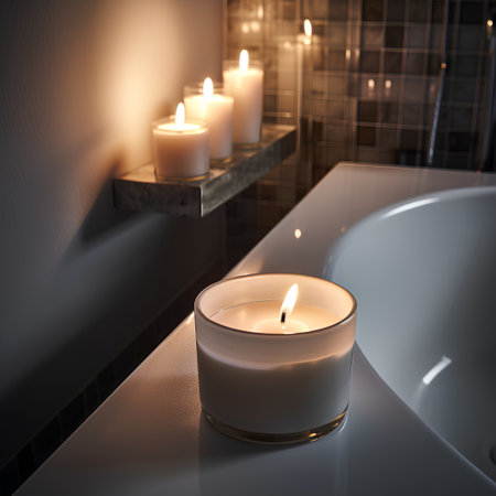 Burning candle in a modern bathroom. 3d rendering, toned imageの素材