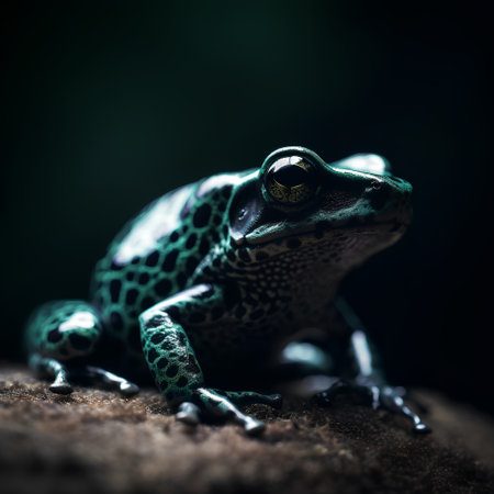 close up of a green frog sitting on a rock with dark backgroundの素材