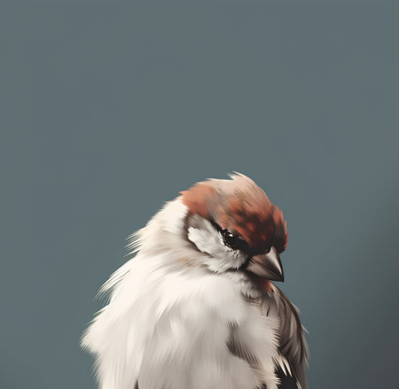 Portrait of a sparrow on a gray background with copy spaceの素材