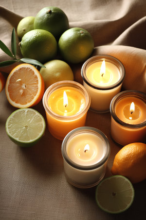 Burning candles and citrus fruits on fabric background, close-upの素材