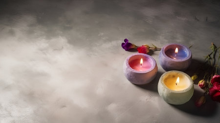 Candles and flowers on a gray background. Selective focus.の素材