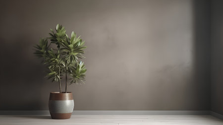 Green plant in vase on wooden floor and gray wall background.の素材