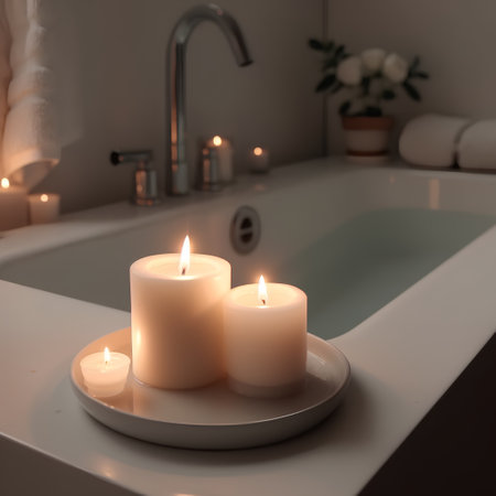 Burning candles on a white bathtub with a towel in the backgroundの素材