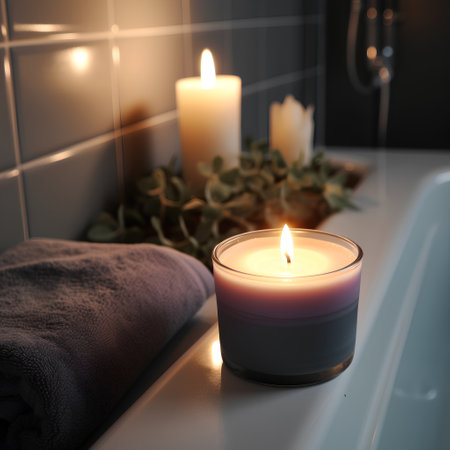 Aromatherapy candle in bathroom interior, closeup. Spa treatmentの素材