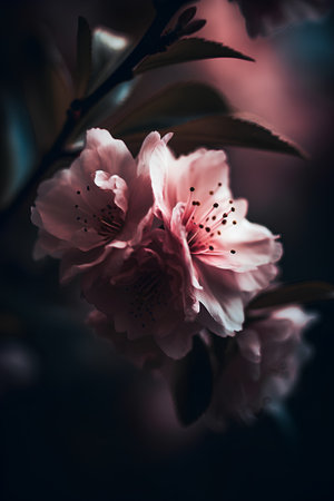 Beautiful pink sakura flowers on a dark background. Toned.の素材