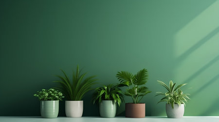 interior with plants in pots on a green wall, 3d renderの素材