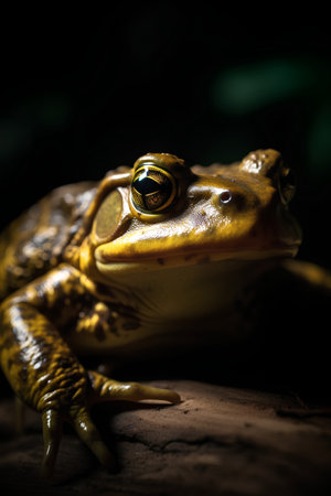 Close up of a yellow frog on a log in the rainforestの素材