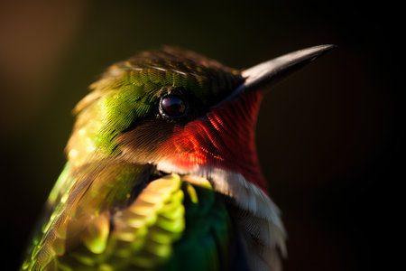 Close up portrait of a colorful bird with bright red and green feathersの素材
