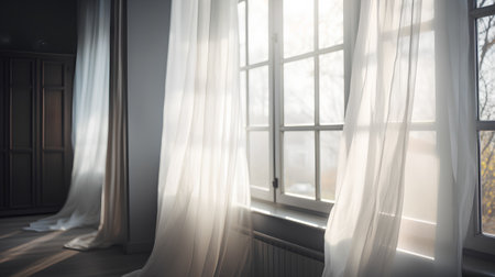 White curtains on the windowsill in the interior of the room.の素材