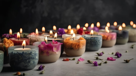 Burning candles with flower petals on grey background. Selective focusの素材