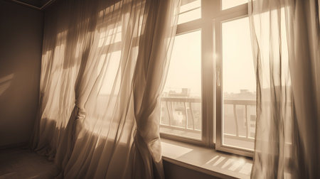 Window with curtains and city view in the morning. Toned.の素材