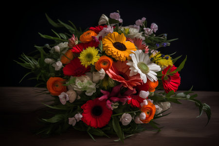 Bouquet of colorful flowers on a wooden table. Dark background.の素材