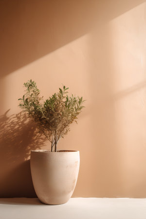 Small plant in a pot on a beige background with shadows.の素材