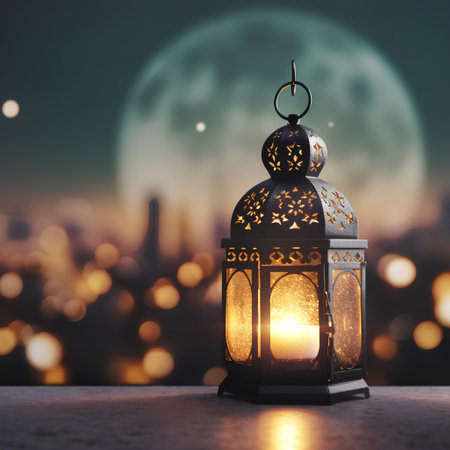 Ramadan Kareem greeting card. Festive lantern on the background of the night city.の素材