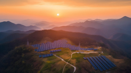 Solar panels in the mountains at sunset, Chengde, Hebei Province, Chinaの素材