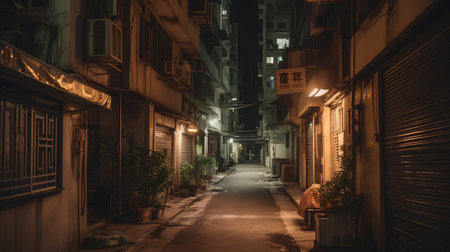 Narrow street in the old town at night in Hong Kong.の素材