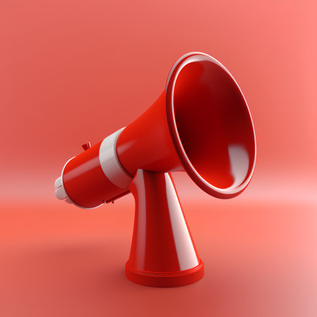 Red megaphone on a red background. 3D illustration.の素材