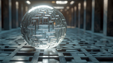 3d render of abstract sphere in the middle of the maze.の素材