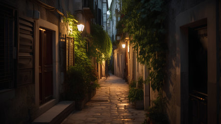 Narrow street in the old town of Prague at night, Czech Republicの素材