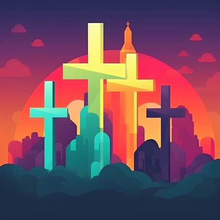 Cemetery with cross on sunset background. Vector illustration in flat style.の素材