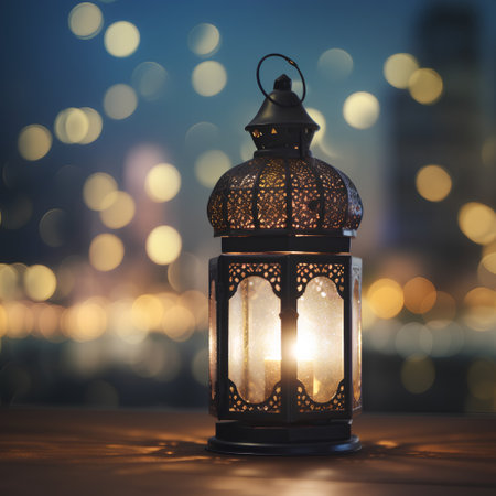 Lantern in the night city. Ramadan Kareem background.の素材