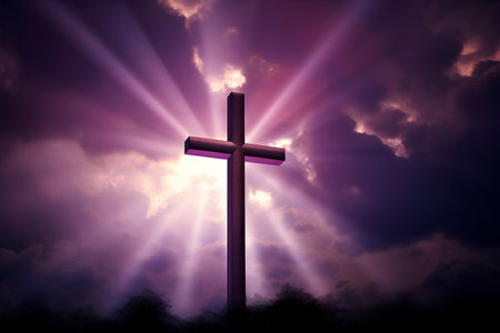 Cross on the sky with rays of light coming out from behind itの素材