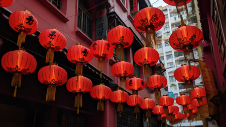 Lanterns hanging on the wall in Chinatown, Singapore.の素材