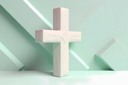 3d render of white cross with shadow on a green background.の素材