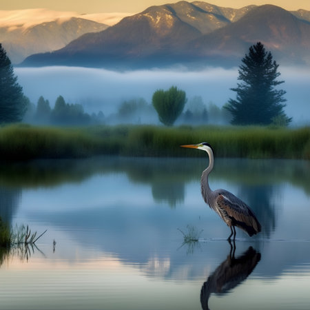 Great Blue Heron fishing in a foggy lake with mountains in the backgroundの素材