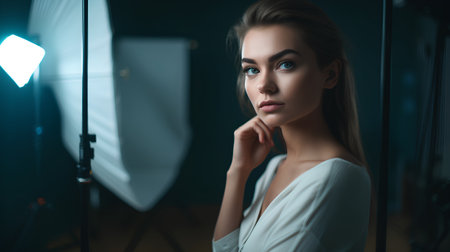 Portrait of a beautiful girl in a white dress in the studioの素材