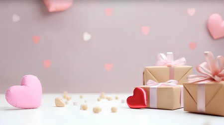 Valentine's day background with hearts and gift boxes on white tableの素材