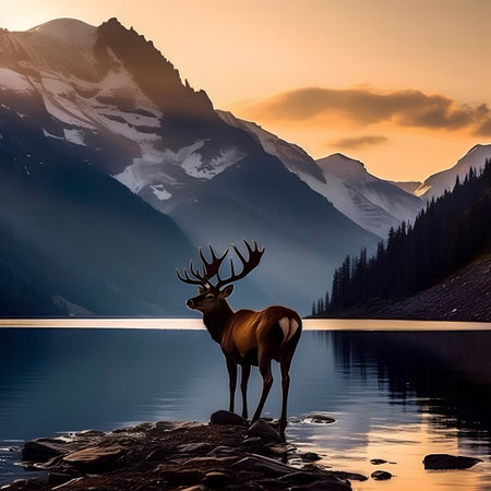 Majestic Jasper National Park in Alberta, Canada. Majestic red deer with large antlers standing on the edge of a mountain lake.の素材