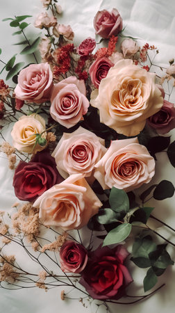 Bouquet of pink and orange roses on a white background.の素材