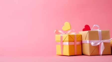 Gift boxes and hearts on pink background, valentines day conceptの素材