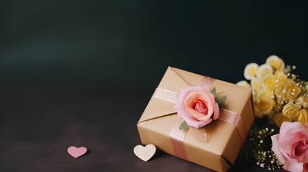 Gift box and flower on black background, Valentines day conceptの素材