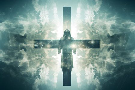 Silhouette of Jesus Christ on the cross in the smoke.の素材