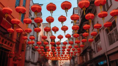Red Chinese lanterns in the streets of Kuala Lumpur, Malaysia.の素材