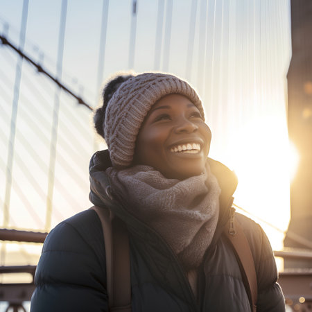 Cheerful african american woman in hat and scarf standing on bridgeの素材