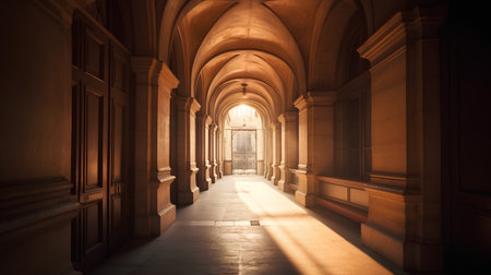 Luxury corridor with arches and columns illuminated by the sunの素材