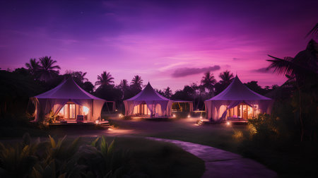 Beautiful tent in the garden with purple sky at sunset background.の素材