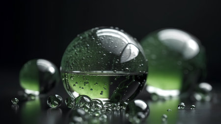 Transparent glass balls with water drops on a dark background close upの素材