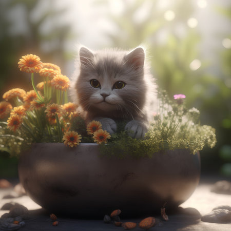 Cute kitten in a pot with flowers in the garden at sunsetの素材