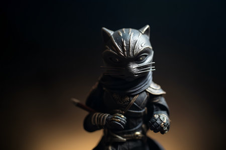 Close up of a black cat figurine on a dark background.の素材